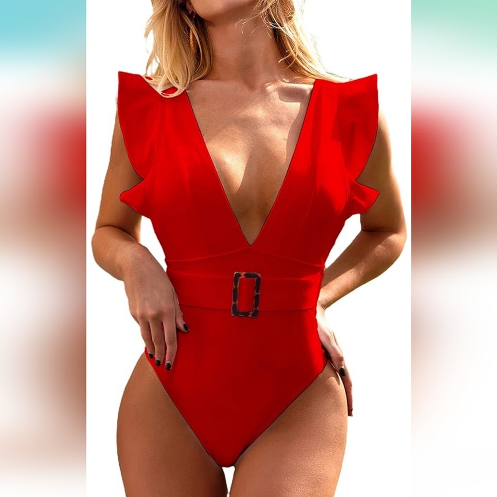 New! Red one-piece bathing suit with belt and ruffles NWT